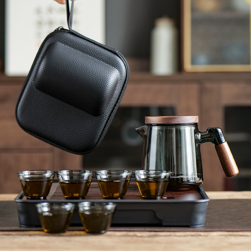 户外露营装备泡茶器一壶六杯便携式旅行功夫玻璃防烫茶具套装简约