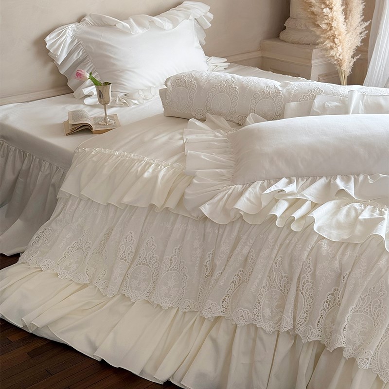枕边童话|法式仙女公n主风全棉四件套纯白浪漫蕾丝床裙款1.5m1.8m