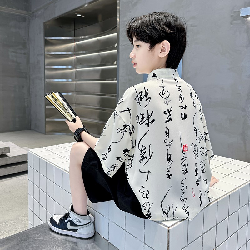 男童汉服套装夏季新中式唐装儿童礼服国潮男孩P短袖薄款古风两件