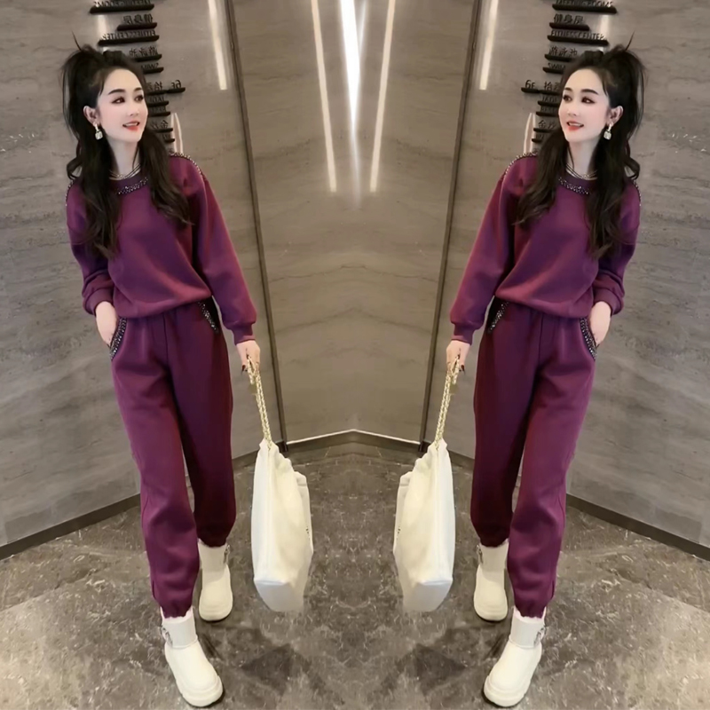 欧货韩版休闲运动套装女s冬加绒新款时髦洋派重工卫衣卫裤两件套