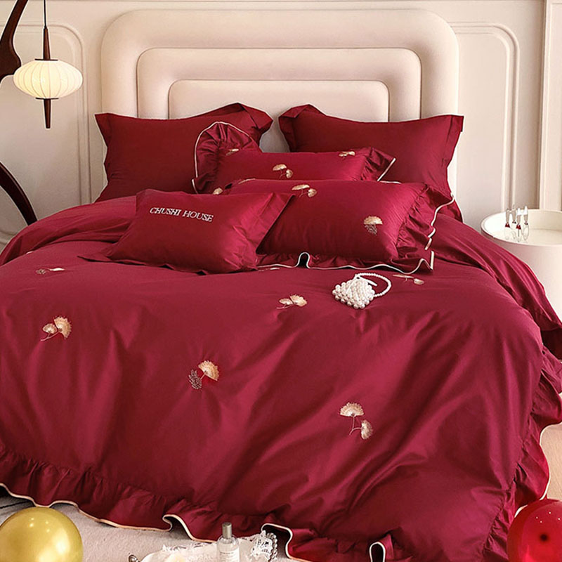 婚庆100支澳棉四件套结婚纯棉荷叶花边被套红色牀单婚牀牀上用品4
