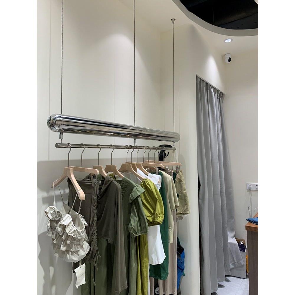 服装店展示架不锈钢吊架升降挂衣杆童装侧挂架女装钢丝调节陈列架