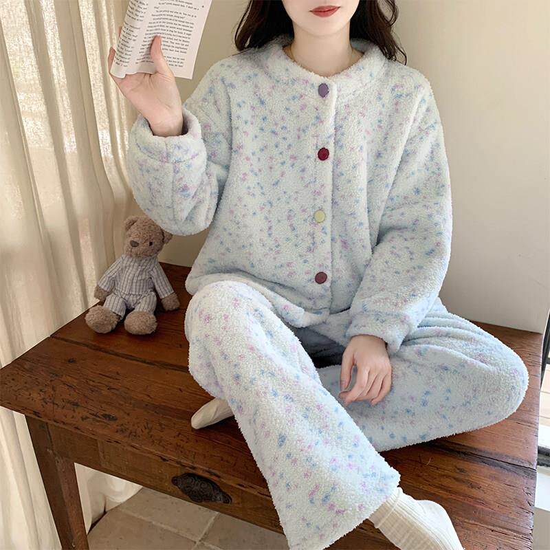 半边绒睡衣女款秋冬季加厚加绒保暖冬天珊瑚绒彩色钮扣家居服套装