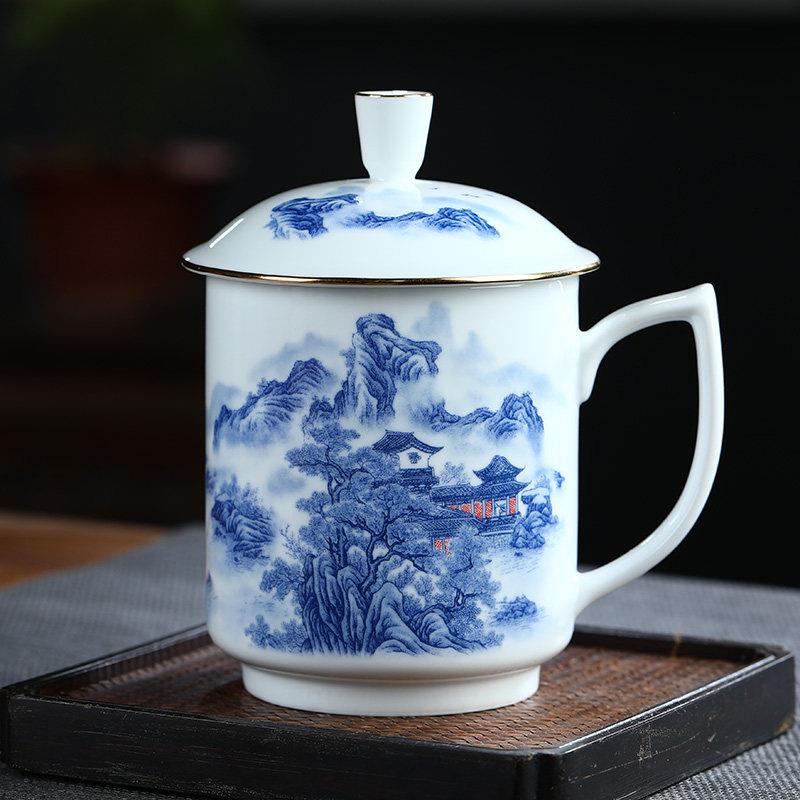 景德镇茶杯陶瓷家用带盖子水杯中式白瓷办公杯子青花瓷杯会议杯定