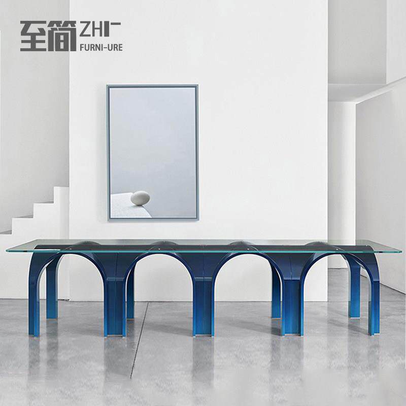 现代设计师拱门长桌会议桌创意极简异形多人拱形餐桌玻璃办公圆桌