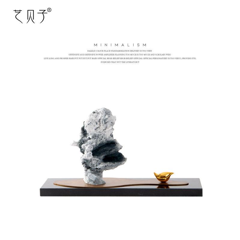 艺贝子新中式创意太湖石小鸟软装摆件山景石头酒店样板间装饰品