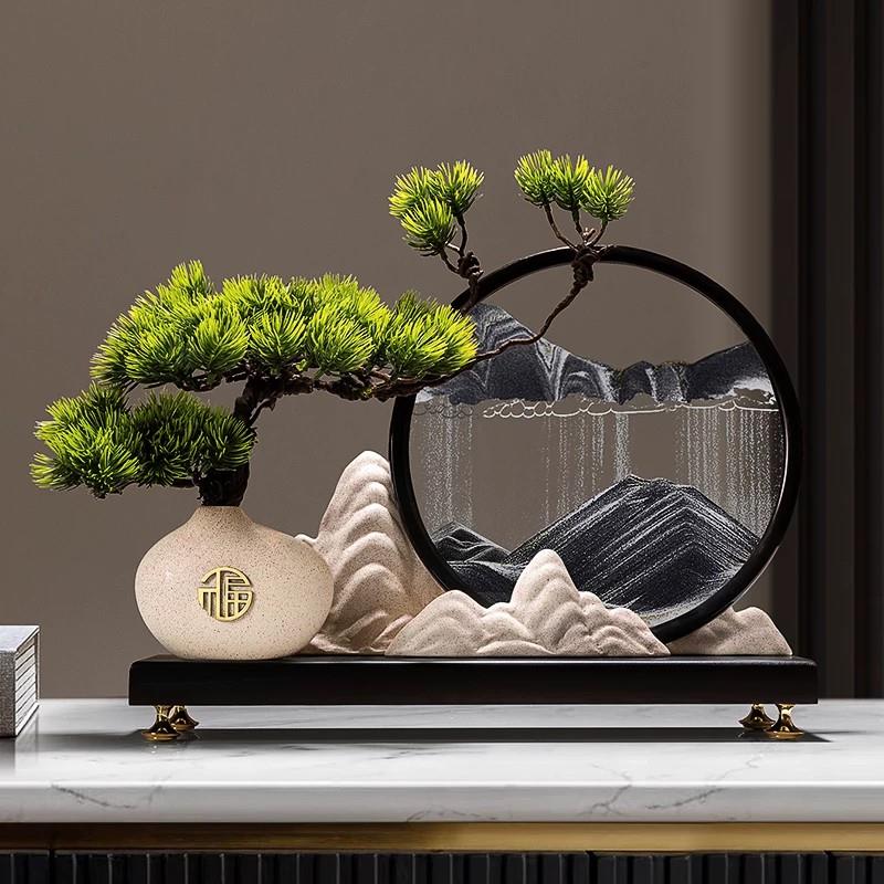 迎客松创意山水流沙画摆件新中式客厅玄关办公室高档沙漏装饰品