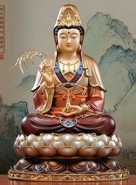 台湾纯铜观音菩萨佛像家用供奉太古彩绘观音铜像娑婆三圣客厅摆件