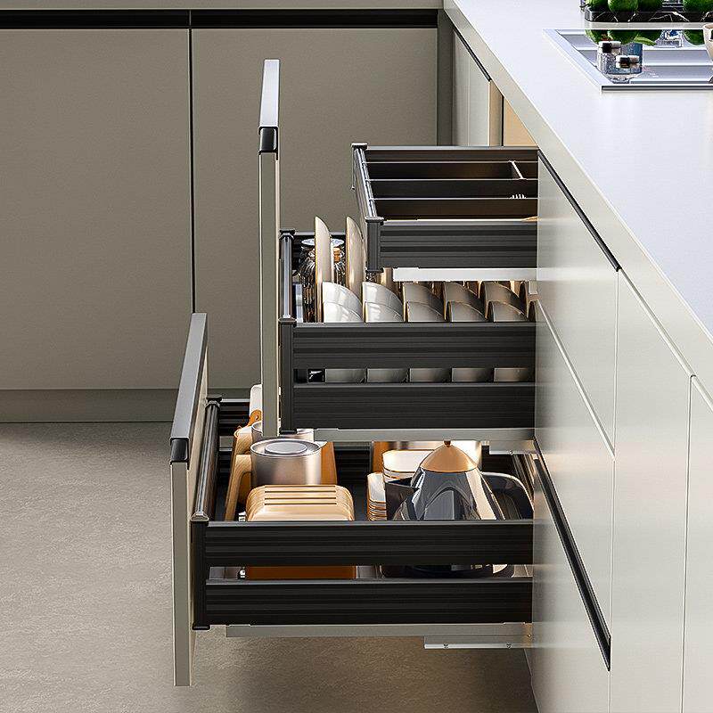 碗碟置物架厨房橱柜小尺寸拉篮开门式抽屉式碗碟篮双层调味收纳篮