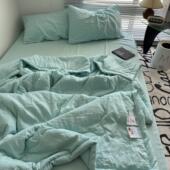 夏天ins清新绿色水洗棉空调被四件套夏凉被纯色双人夏被轻薄被子