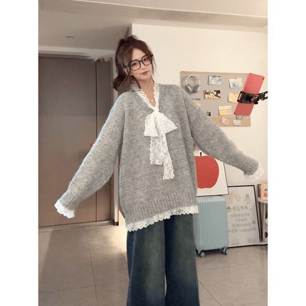 灰色V领套头蕾丝毛衣女秋冬加A厚宽松慵懒风高级感针织衫长袖上衣