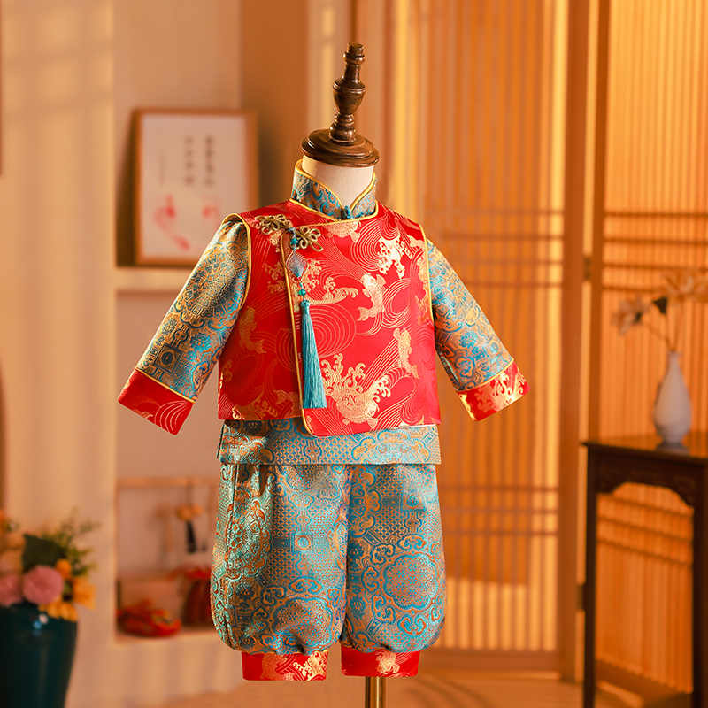 男童唐装春季中式儿童周岁礼服男C宝衣服抓周礼服过年Y男宝宝拜年