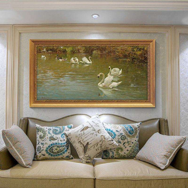 世界名画古典风景油画欧式别墅客厅餐厅挂画池塘里的天鹅装饰画