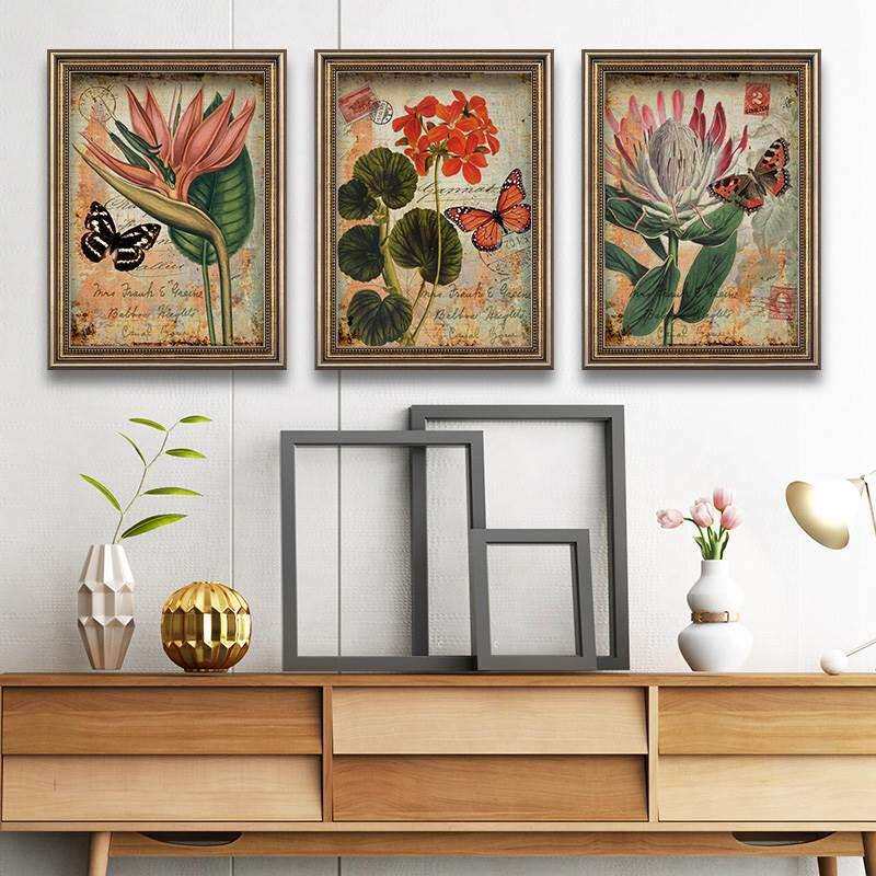 简美风格装饰画客厅三联画欧美复古壁画餐厅玄关挂画美式田园植物