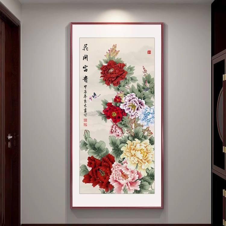 新中式牡丹花鸟画玄关装饰画竖版客厅挂画植物花卉有框壁画