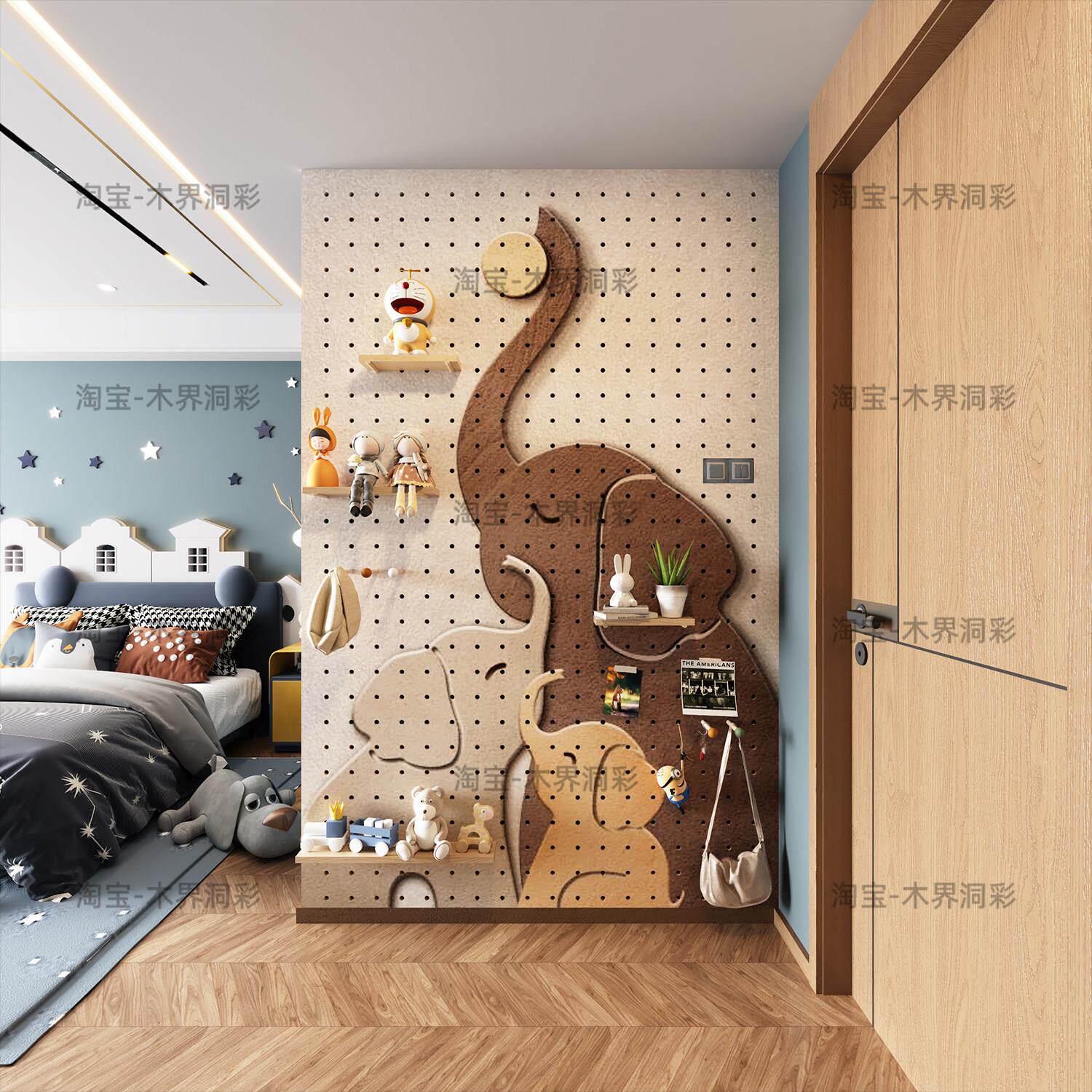 儿童房大象实木定制洞洞板置物架墙面装饰收纳客厅入户遮挡电表箱