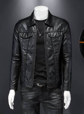 2024春款新款男士翻领机车皮外套 修身潮男皮衣7017 P175黑色