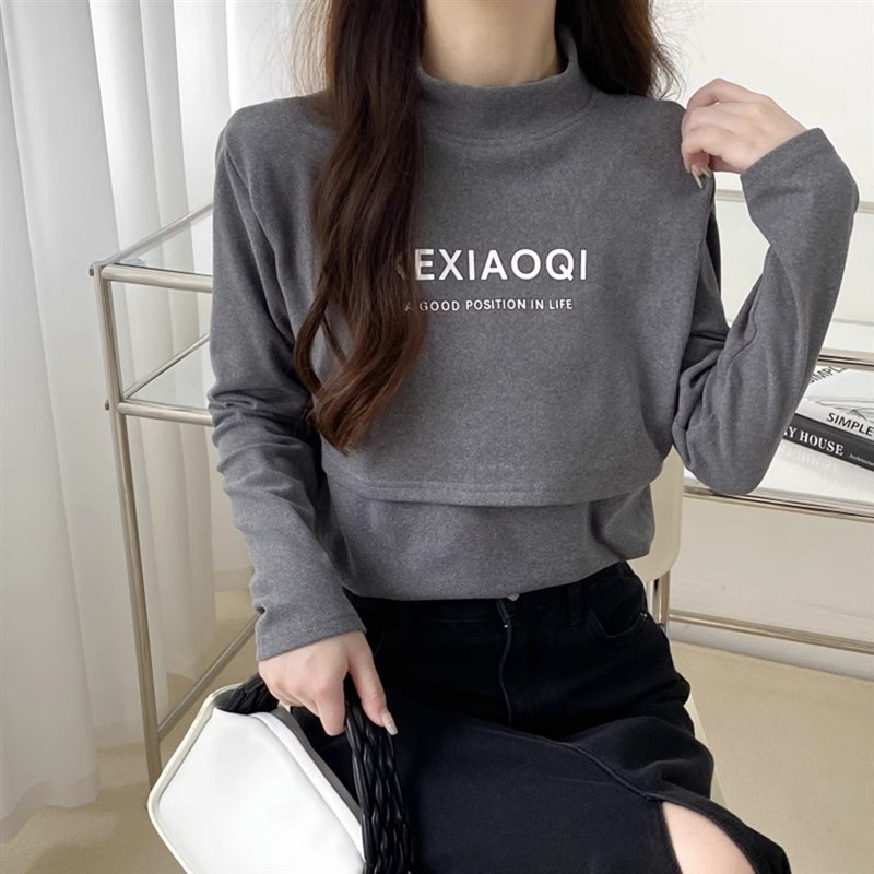 产後哺乳衣长袖上衣秋冬外出德绒哺乳衣立领月子服百搭显瘦打底衫