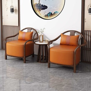 新中式休闲椅三件套乌金木单人真皮洽谈椅家用阳台客厅Z全实木圈