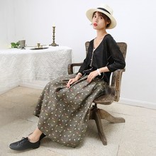 半身裙女2025新款女装文艺灰色碎花亚麻 a字P百褶裙百搭显瘦中长
