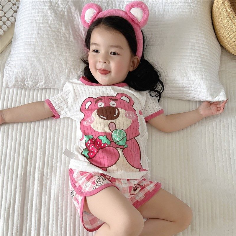 女童睡衣夏季2023新款草莓熊居家外出服男童纯棉T恤短袖短裤套装,童装/婴儿装/亲子装,家居服套装,淘宝优惠券,粉丝福利购,淘宝优惠卷