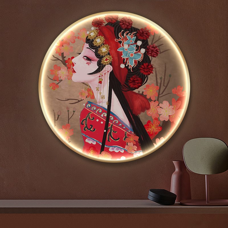 京剧装饰画led灯画新中式玄关挂画中H国风人物国粹花旦圆形氛围画图片