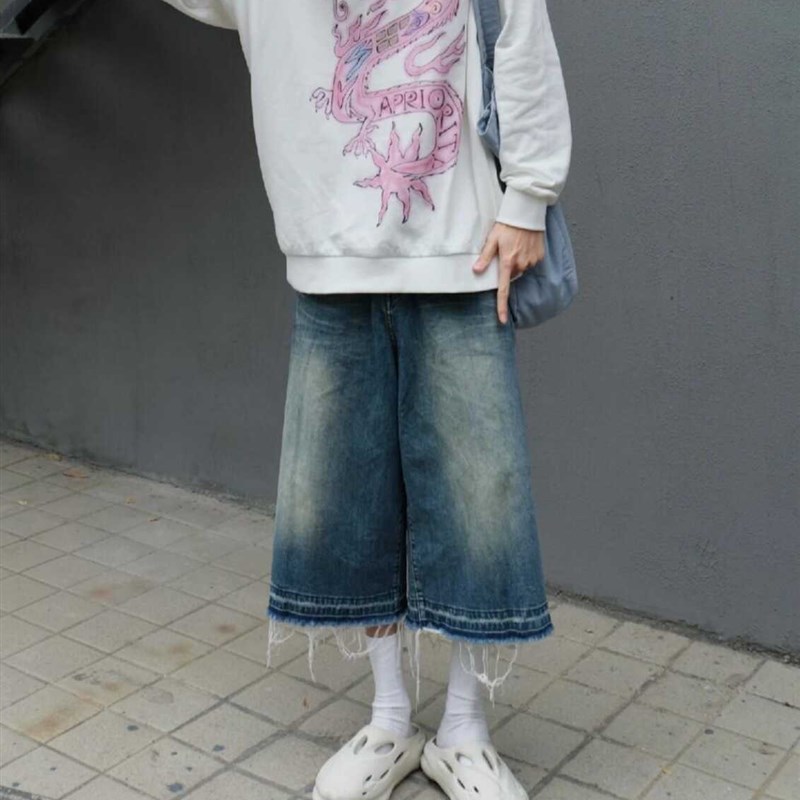 美式复古夏季七分裤牛仔裤男宽松阔腿显瘦女情侣款水洗做旧高街潮