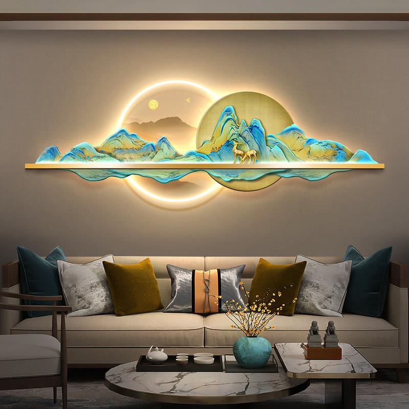 山水客厅装饰画带灯千里江山图沙发背景墙挂画新中式风景发光壁饰
