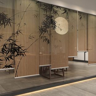 茶室玄关帘屏风软隔断装 新中式 饰客厅半透明遮光卷帘窗帘禅意竹子