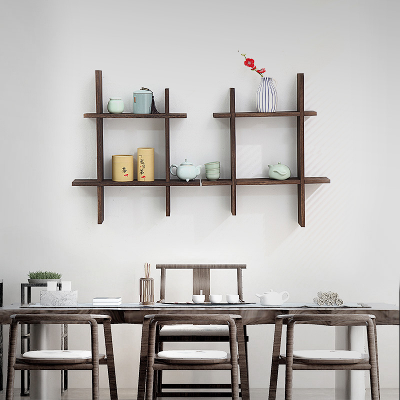 实木挂墙置物架搁板茶杯s收纳架茶具架墙上装饰组合架中式摆件展