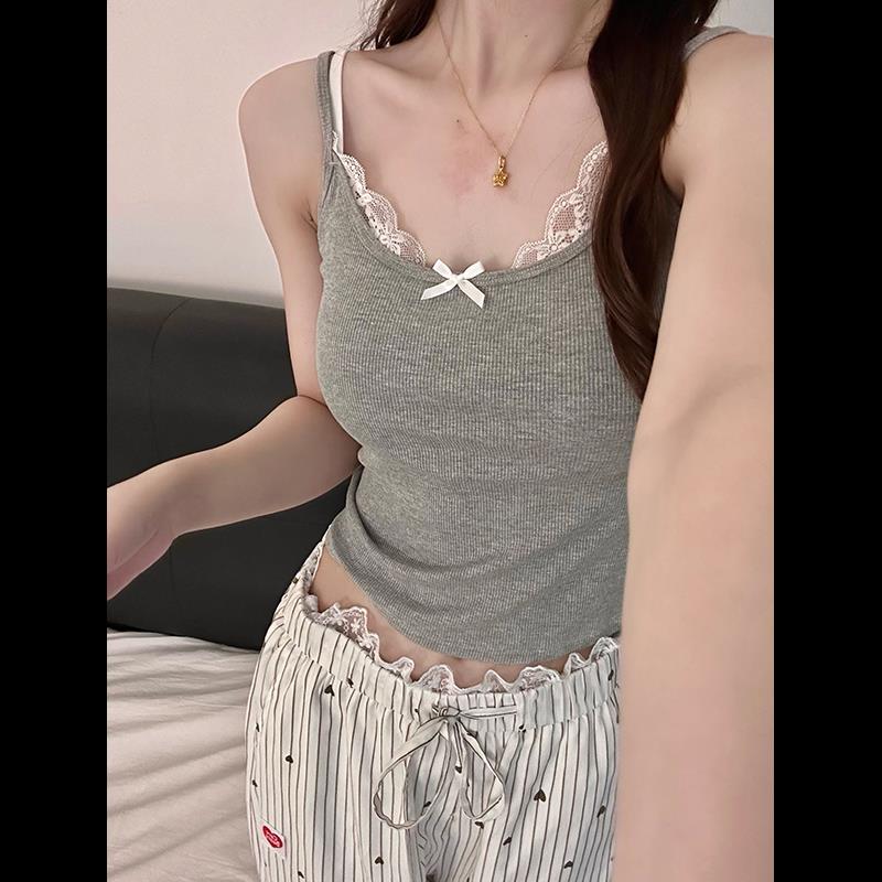 纯欲风假两件蕾丝拼接带胸垫睡衣女夏款修身吊带长裤家居服两件套