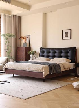 意式极简大黑熊胡桃木中古风黑色实木床现代简约主卧真皮床双人床