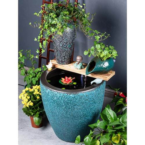 加高绿色陶瓷大缸古法养鱼缸客厅阳台金鱼缸陶罐循环流水造景水缸