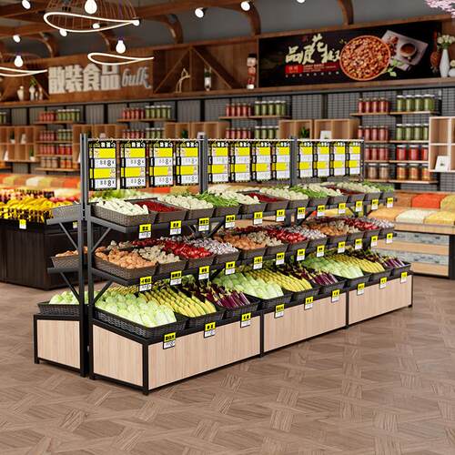 超市水果店货架多层生鲜蔬菜货架精品水果展示架钢木藤篮果蔬货架