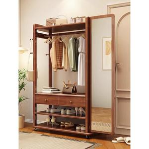 闻诺实木衣帽架落地穿衣镜一体客厅多功能置物收纳可移动挂衣架