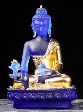 琉璃药师佛佛像摆件东方三圣日月光供奉佛堂装饰寺院贴金面相庄严