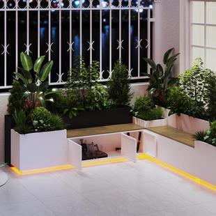 户外花箱座椅带柜门阳台造景防腐木长椅坐凳组合庭院不锈钢定制