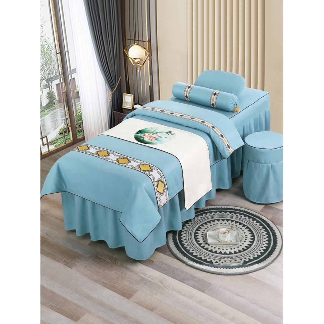 高端轻奢美容院床罩四六件套纯色棉麻按摩理疗洗头梯形圆头床定制