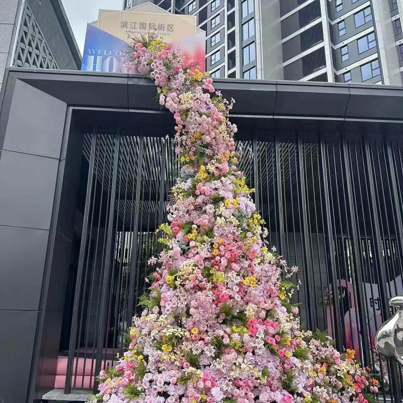 玫瑰瀑布彷真花假花布置瀑布墙网红打卡玫瑰花装饰背景墙商场花墙