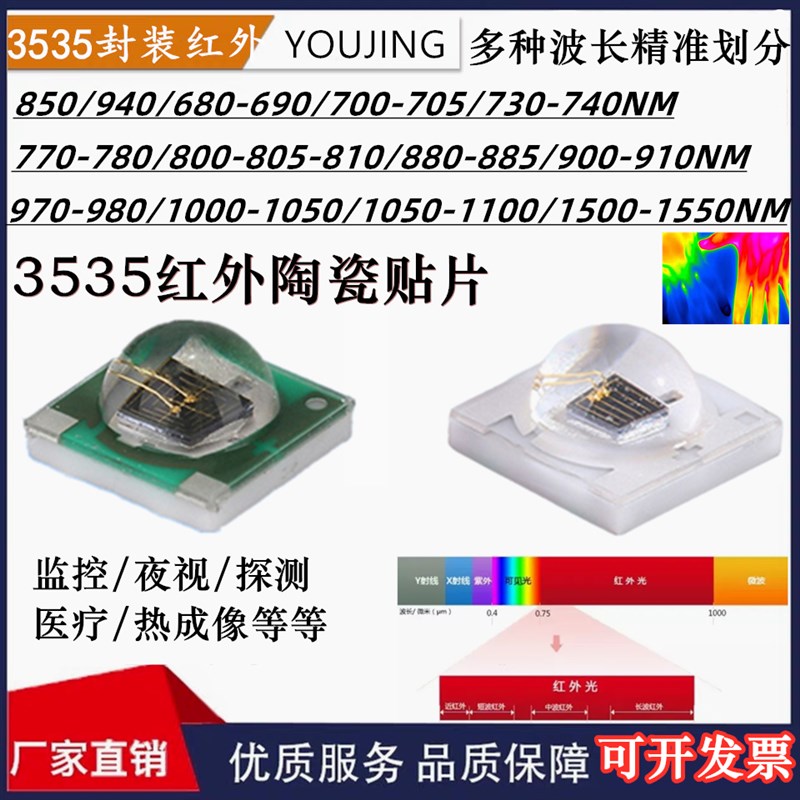 陶瓷3535红外发射LED灯珠850 940 970-980 1100 1000nm等Z贴片1W3