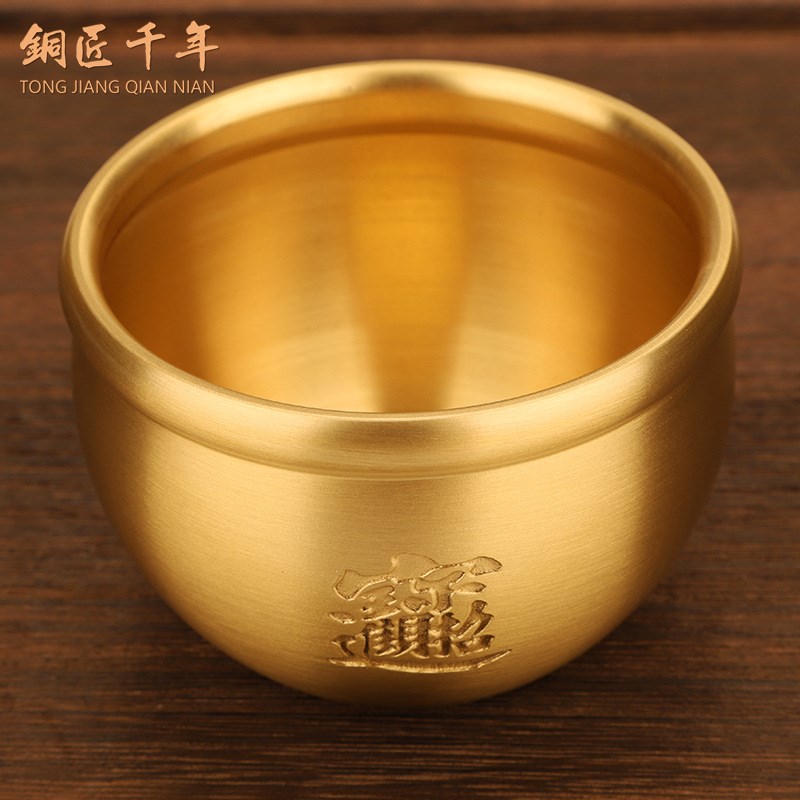 铜匠千年黄铜招财进宝缸迷你铜缸小聚宝盆素面黄铜工艺摆件