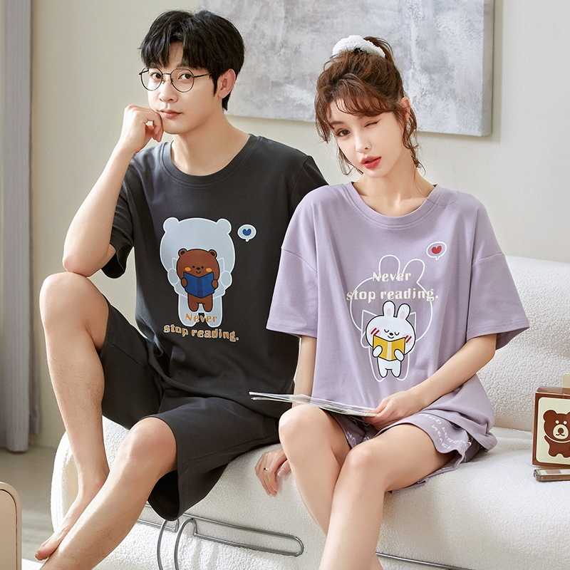 2023年新款情侣睡衣夏季纯棉短袖男士家居服夏天韩版可爱女生套装