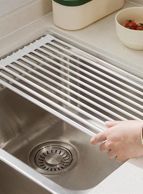 厨房水池卷d帘架硅胶可折叠水槽沥水架碗碟盘收纳置物架沥水篮神