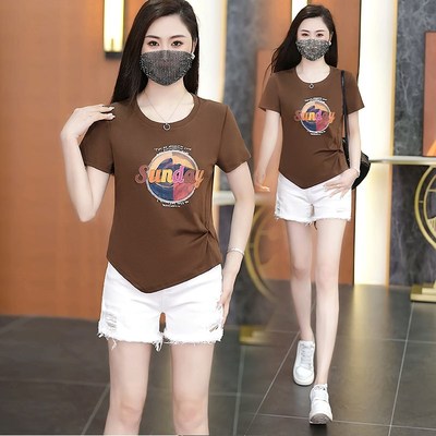 T恤女夏季新款2025半短袖印花修身百搭上衣薄款显瘦正肩打底衫棉t