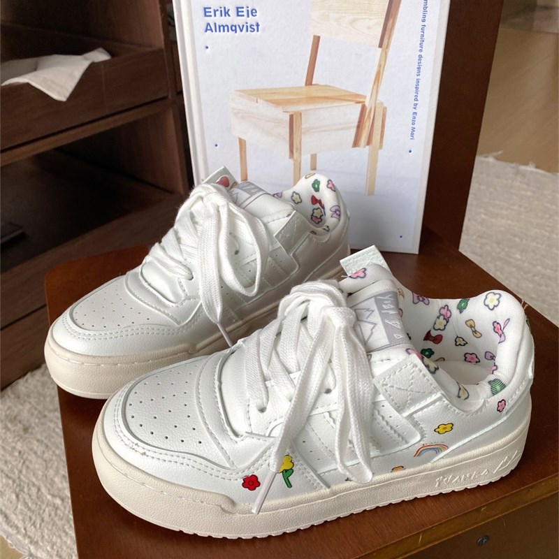 可爱涂鸦厚底板鞋女2024春新款百搭运动休闲小白鞋大头鞋
