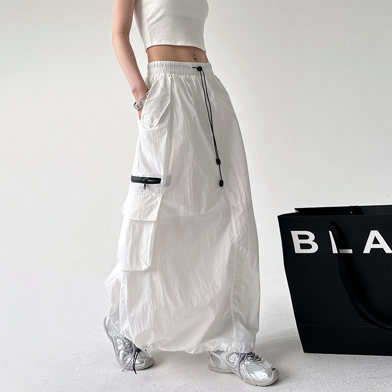 白色设计感辣妹气质长裙2024夏季新款高腰个性口袋工装半身裙女潮