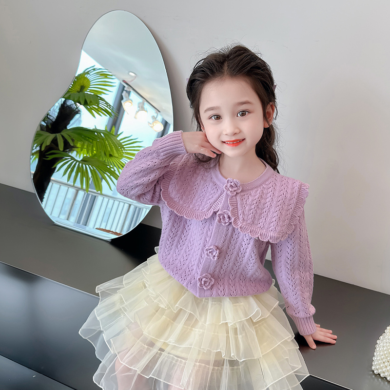 女童针织开衫2023秋装新款儿童洋气甜美小女孩时髦秋冬毛衣外套薄