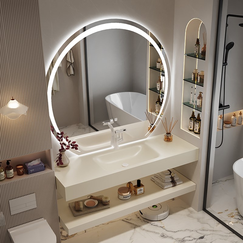 轻奢奶油风双层岩板热弯一体盆浴室柜组合卫生间洗漱台洗脸洗手盆