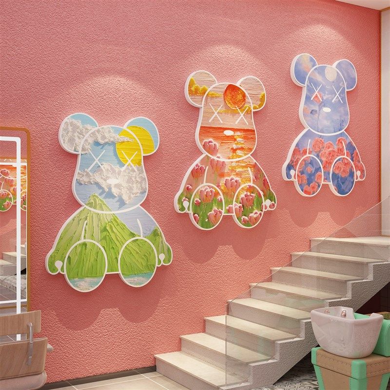 网红公仔理发廊店k墙面装饰贴纸美甲容院房间O背景形象布置用品挂