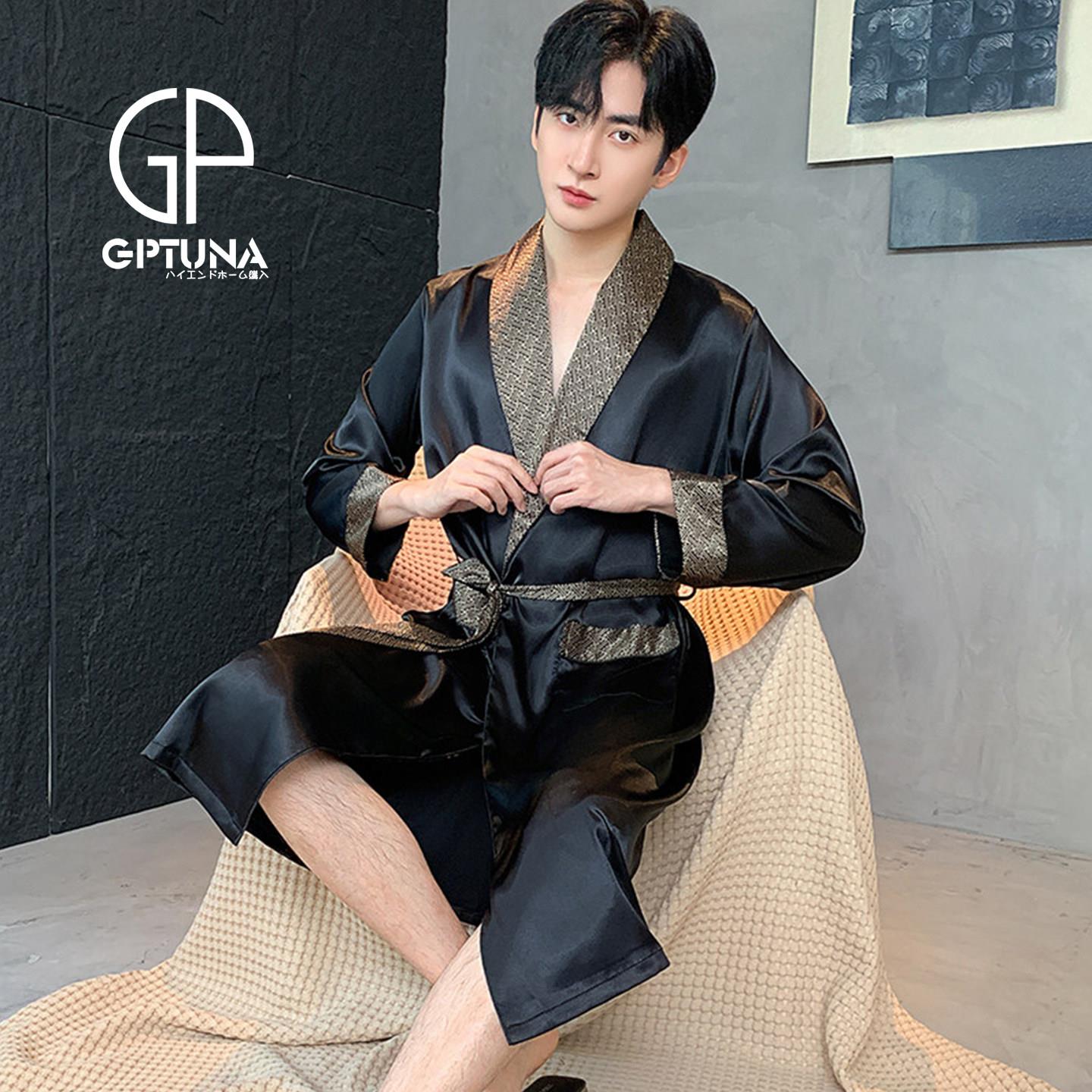 GPTUNA冰丝男士睡袍春秋长袖2026新款睡衣薄款浴袍丝绸家居服夏季